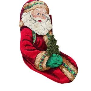 Santa Claus with Tree Christmas Stocking 17.5" L  x 7" W. Red, Green, White